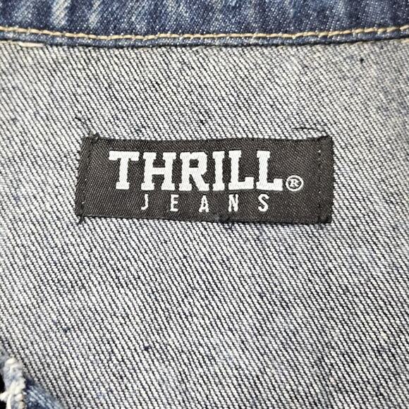 Thrill Jeans Denim Jacket Dress Medium Distressed Destroyed Button Front Frayed - Picture 3 of 10